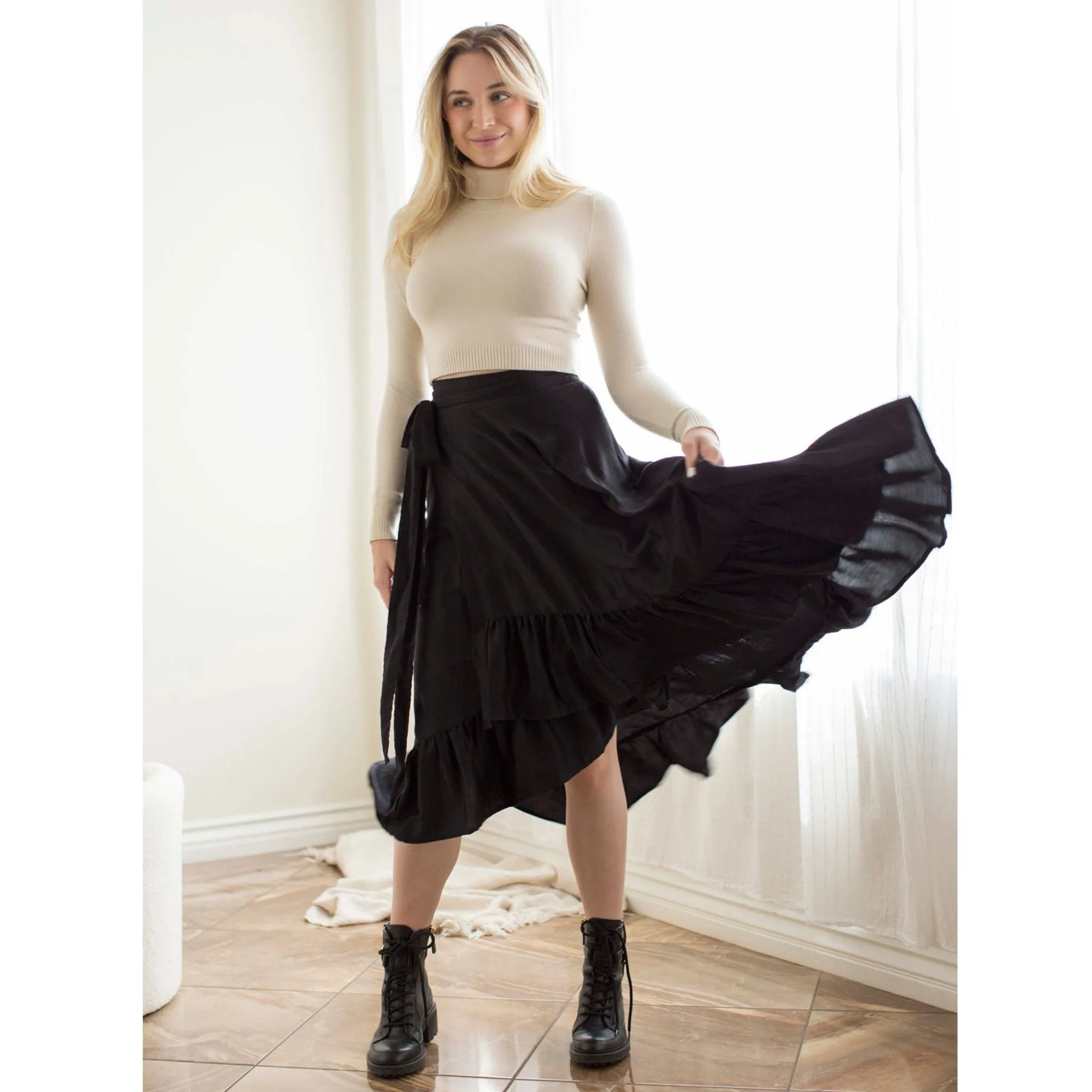 Black Faux Wrap Hi Low Skirt Adina LV