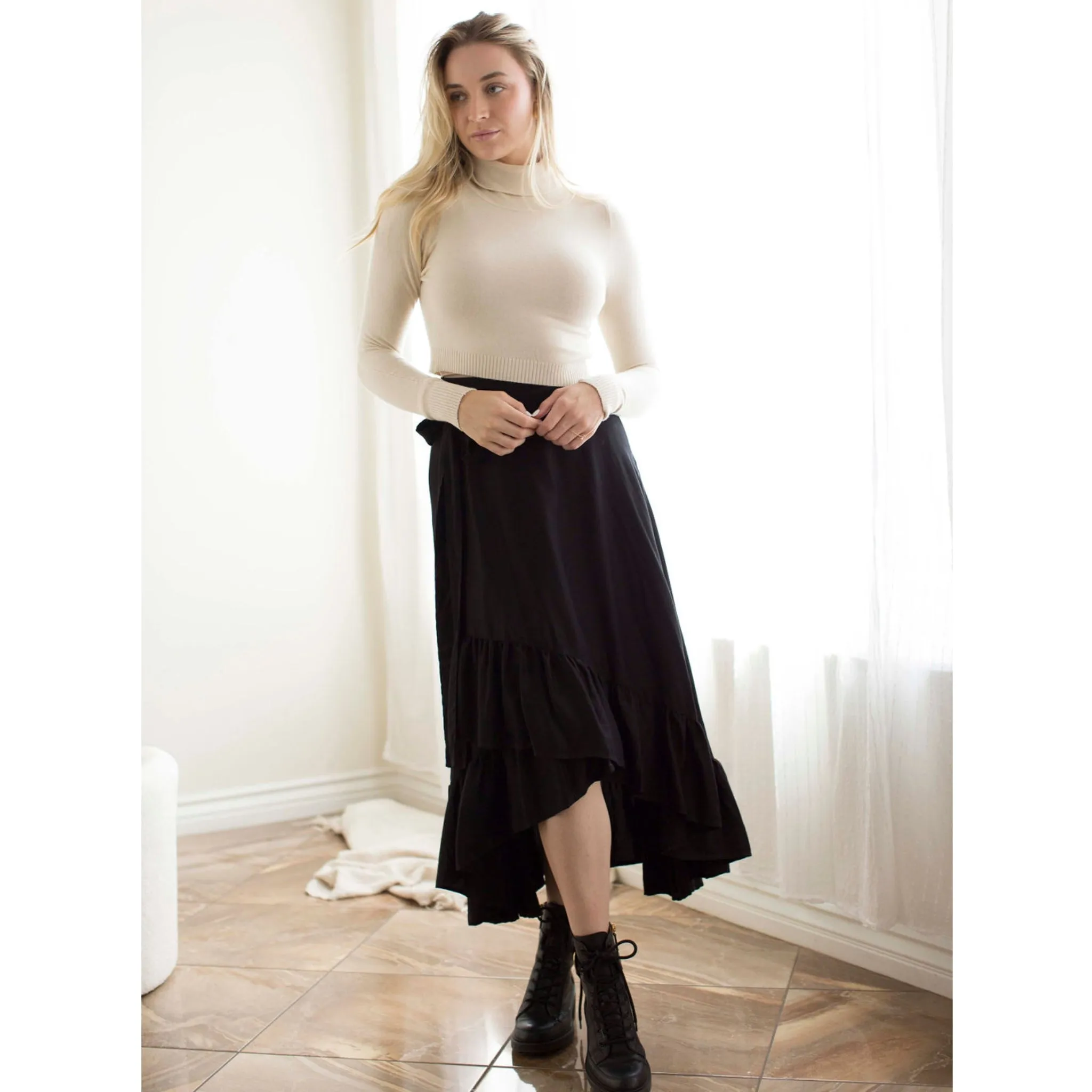 Black Faux Wrap Hi Low Skirt Adina LV