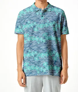 Blue Allover Hibiscus Floral and Waves Mens Polo Golf Shirt