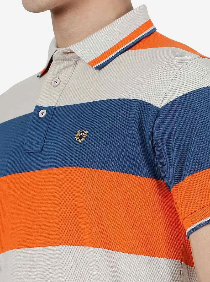 Blue & Orange Striped Slim Fit Polo T-Shirt | JadeBlue