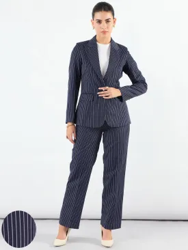 Blue-Striped Asymmetric Blazer With Tailored Elasticated Fit Trouser