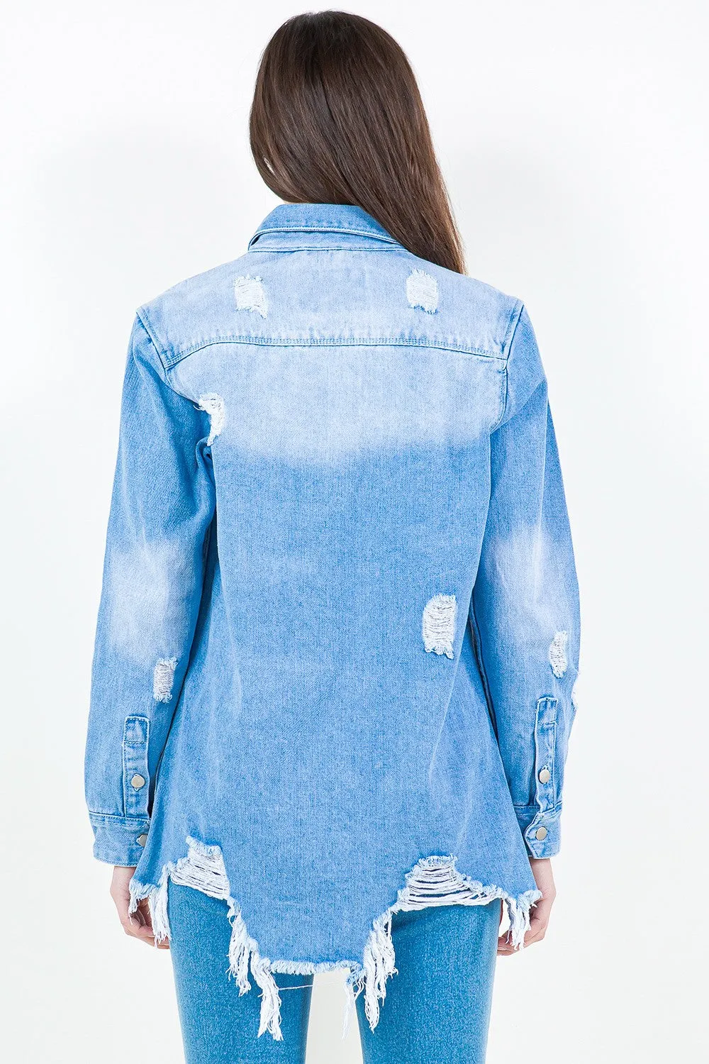 Blue Zone Planet |  American Bazi Frayed Hem Distressed Denim Shirt Jacket