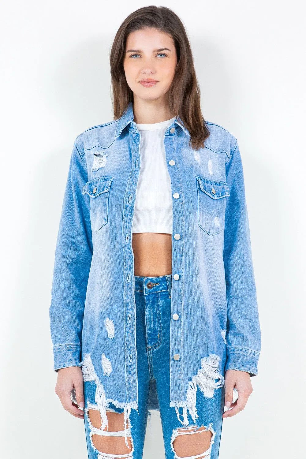 Blue Zone Planet |  American Bazi Frayed Hem Distressed Denim Shirt Jacket