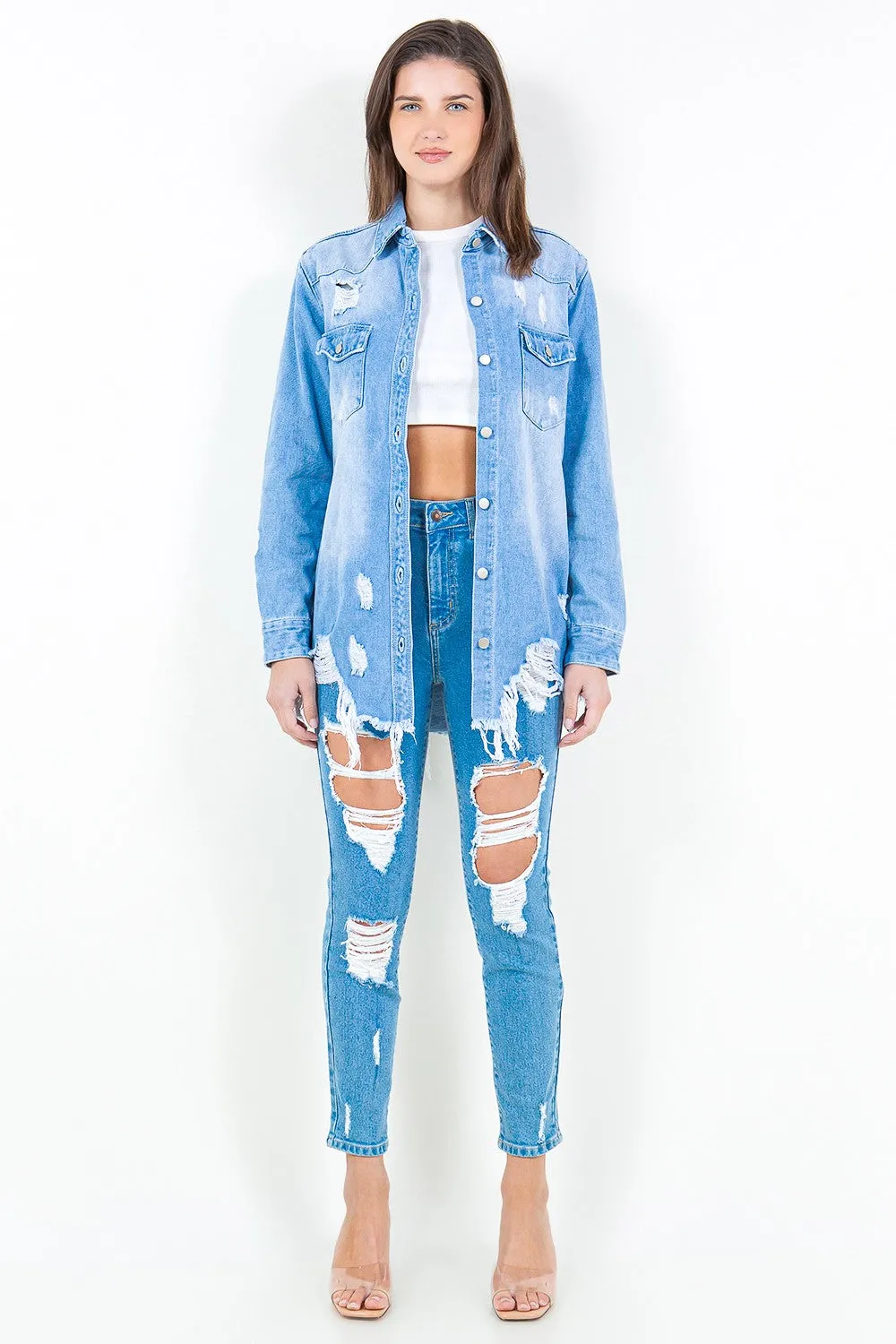 Blue Zone Planet |  American Bazi Frayed Hem Distressed Denim Shirt Jacket