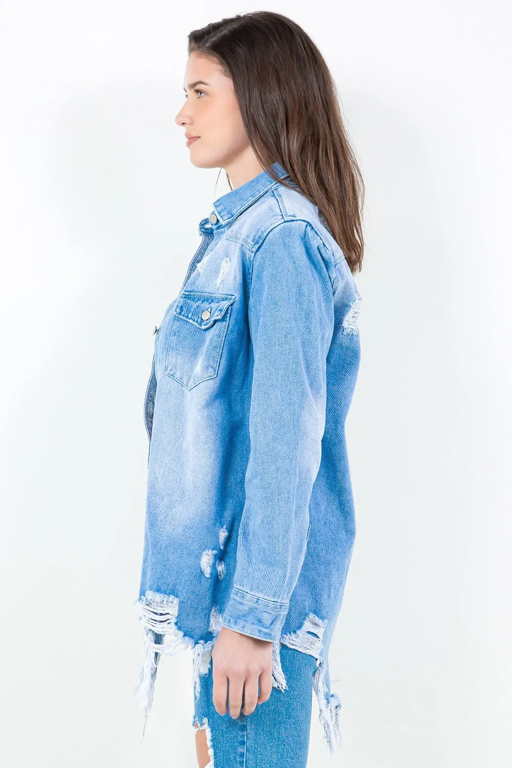 Blue Zone Planet |  American Bazi Frayed Hem Distressed Denim Shirt Jacket