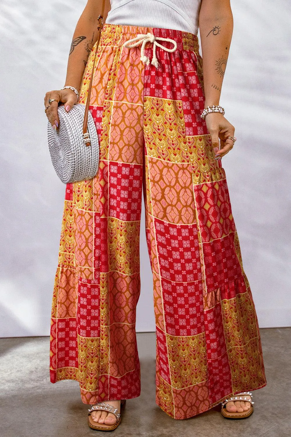 Blue Zone Planet |  Bohemian Patchwork Drawstring Wide Leg Pants