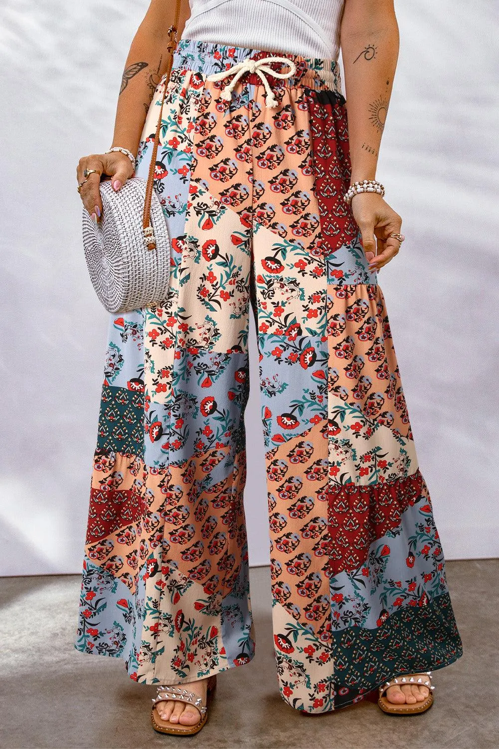 Blue Zone Planet |  Bohemian Patchwork Drawstring Wide Leg Pants