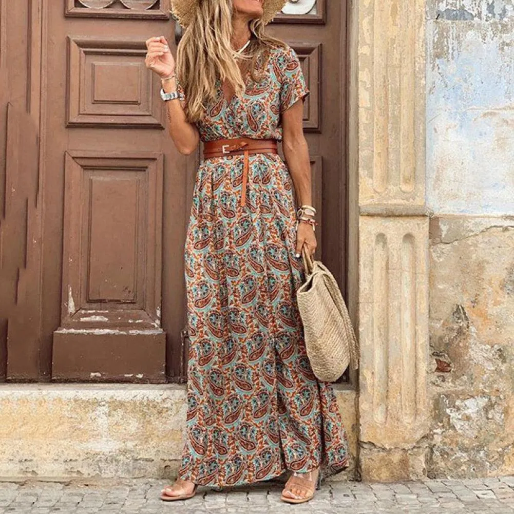 Boho Women V Neck Short Sleeve Paisley Print Maxi Dress