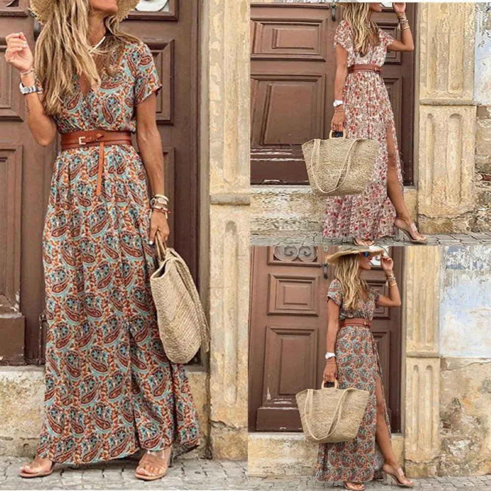 Boho Women V Neck Short Sleeve Paisley Print Maxi Dress