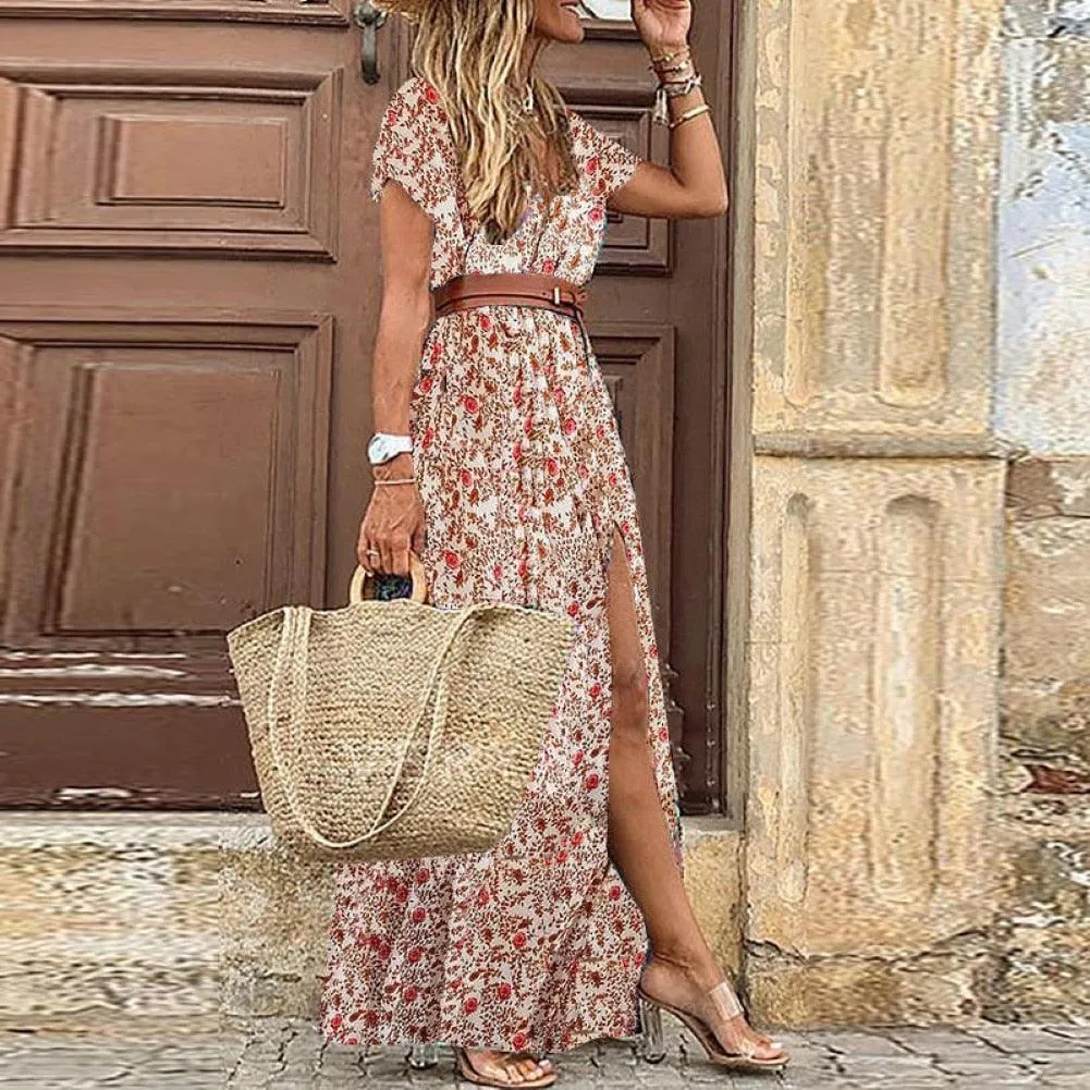 Boho Women V Neck Short Sleeve Paisley Print Maxi Dress