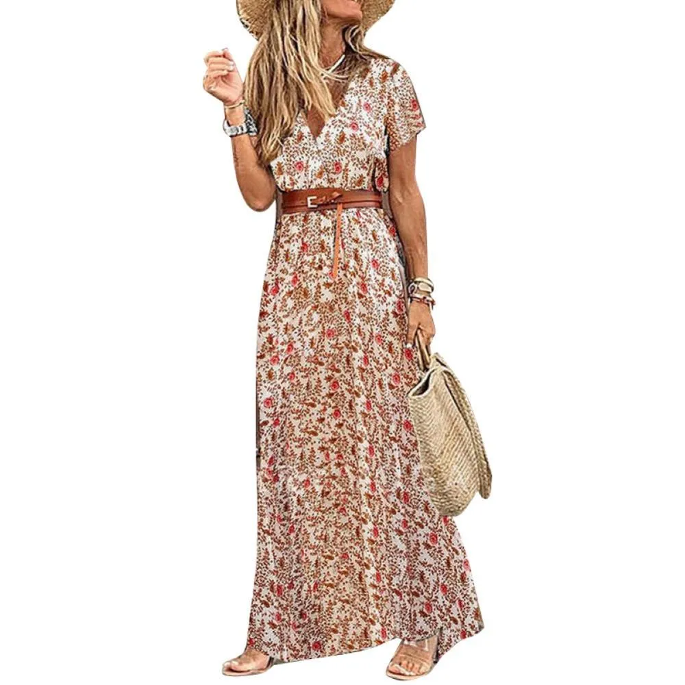 Boho Women V Neck Short Sleeve Paisley Print Maxi Dress