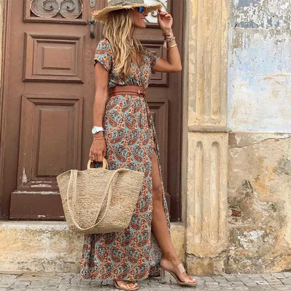 Boho Women V Neck Short Sleeve Paisley Print Maxi Dress