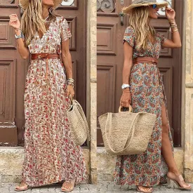 Boho Women V Neck Short Sleeve Paisley Print Maxi Dress