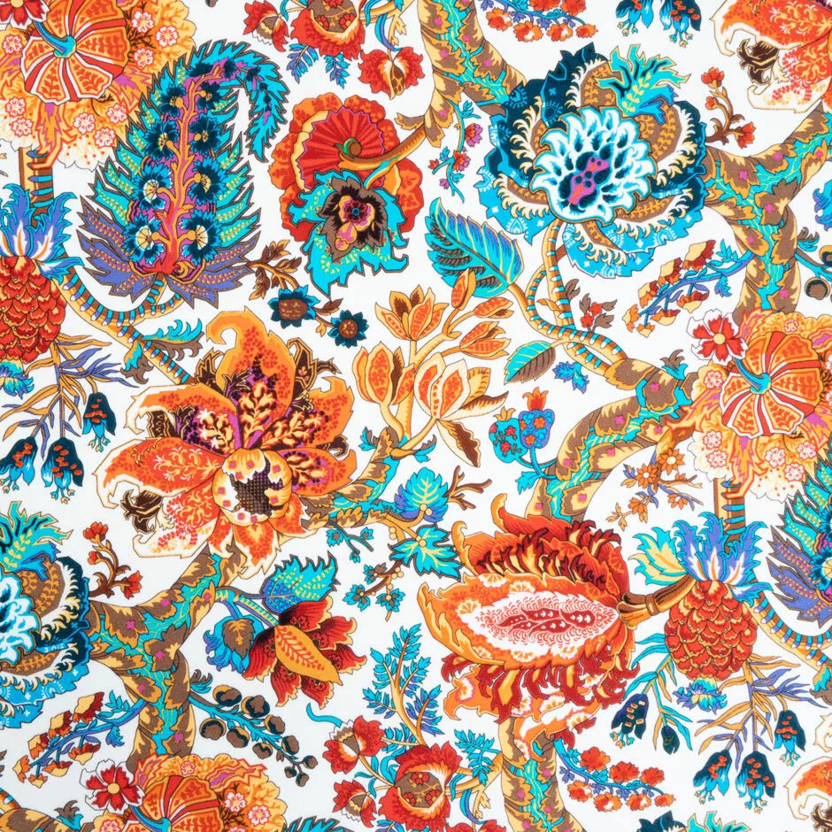 Bold Orange & Blue Floral Printed White Silk Crêpe de Chine