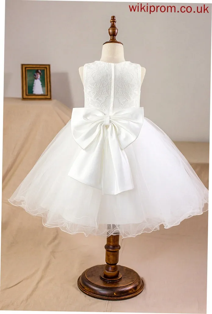 Bow(s) Satin/Tulle/Lace Flower Neck Girl Knee-length Scoop With Flower Girl Dresses - Kira Dress Ball-Gown/Princess Sleeveless