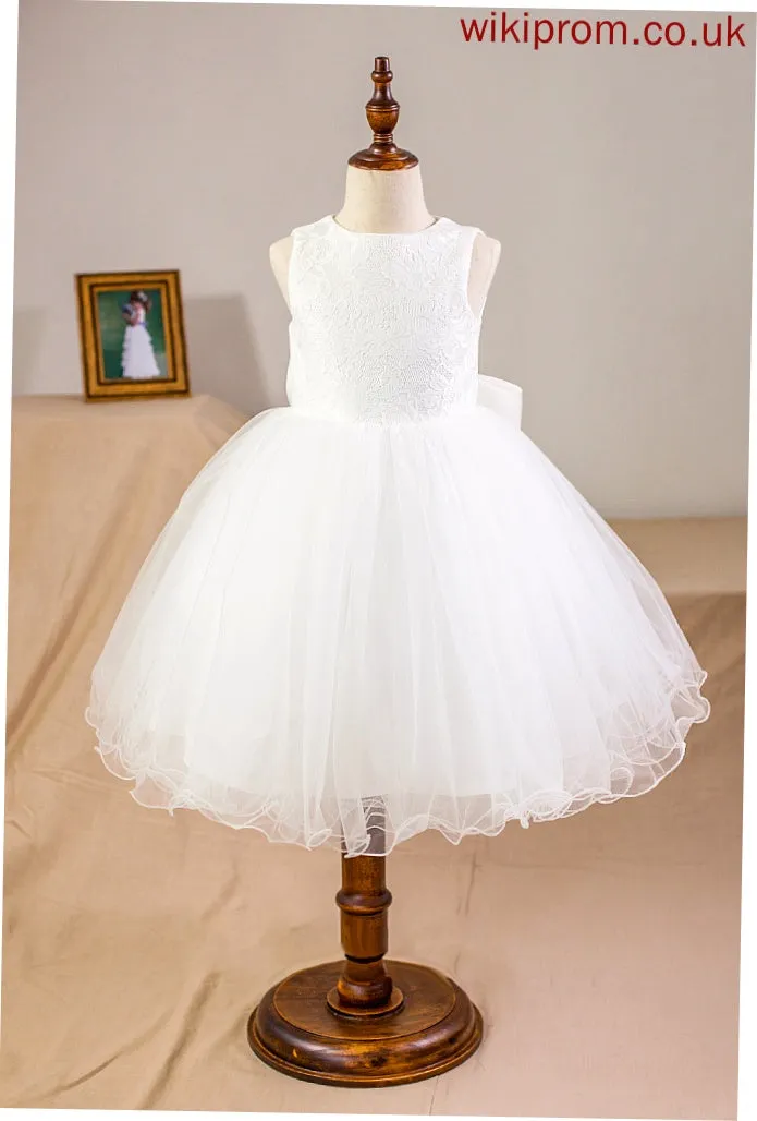 Bow(s) Satin/Tulle/Lace Flower Neck Girl Knee-length Scoop With Flower Girl Dresses - Kira Dress Ball-Gown/Princess Sleeveless