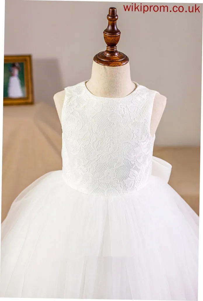 Bow(s) Satin/Tulle/Lace Flower Neck Girl Knee-length Scoop With Flower Girl Dresses - Kira Dress Ball-Gown/Princess Sleeveless