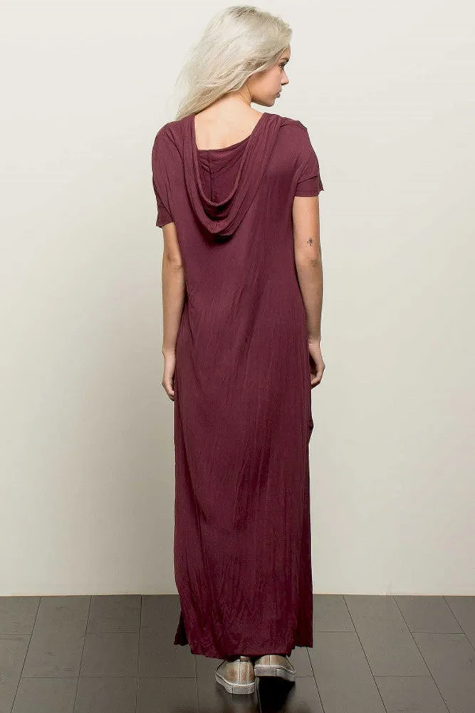 Burgundy Short Sleeve Hoodie Womens Relax Fit Maxi Dress