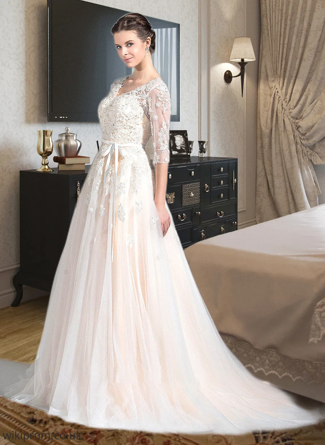 Carmen Ball-Gown/Princess V-neck Court Train Tulle Wedding Dress With Beading Appliques Lace Sequins Bow(s) SWKP0013809