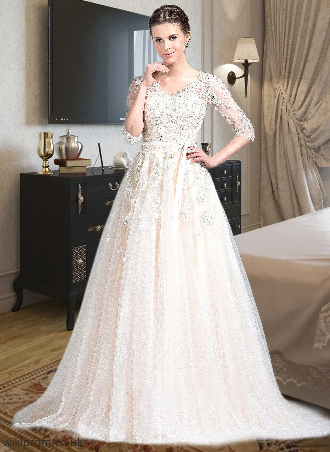 Carmen Ball-Gown/Princess V-neck Court Train Tulle Wedding Dress With Beading Appliques Lace Sequins Bow(s) SWKP0013809