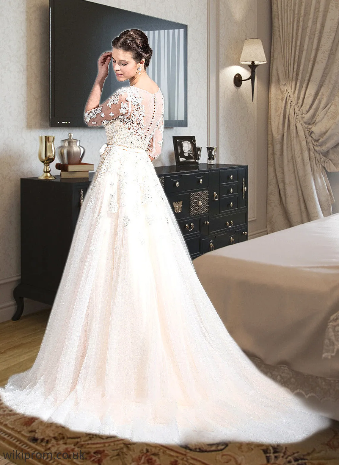 Carmen Ball-Gown/Princess V-neck Court Train Tulle Wedding Dress With Beading Appliques Lace Sequins Bow(s) SWKP0013809