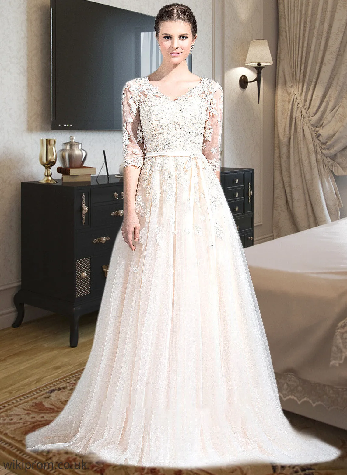 Carmen Ball-Gown/Princess V-neck Court Train Tulle Wedding Dress With Beading Appliques Lace Sequins Bow(s) SWKP0013809