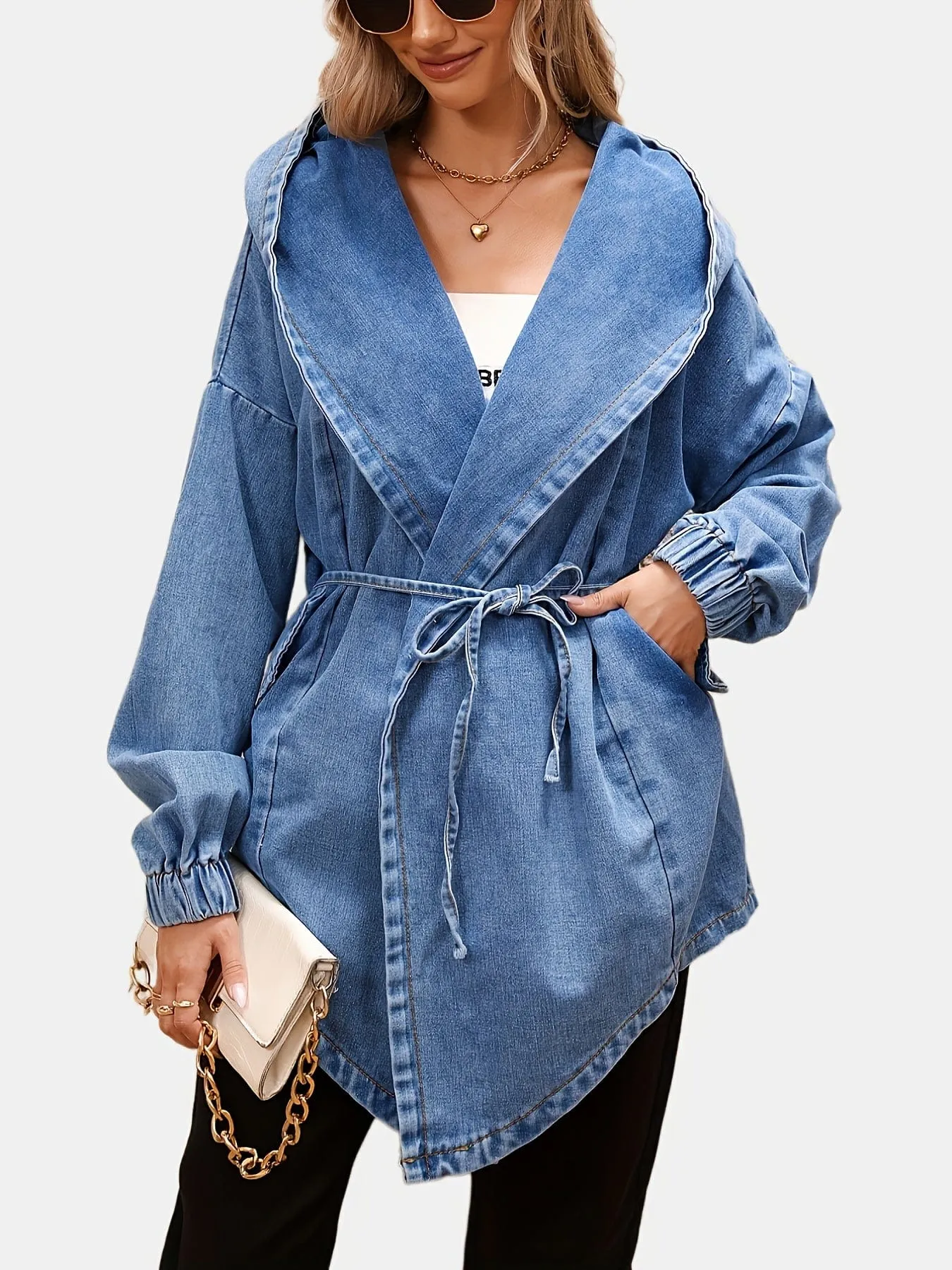 Casual Elastic Belt Cuffed Sleeve Denim Hooded Jackets