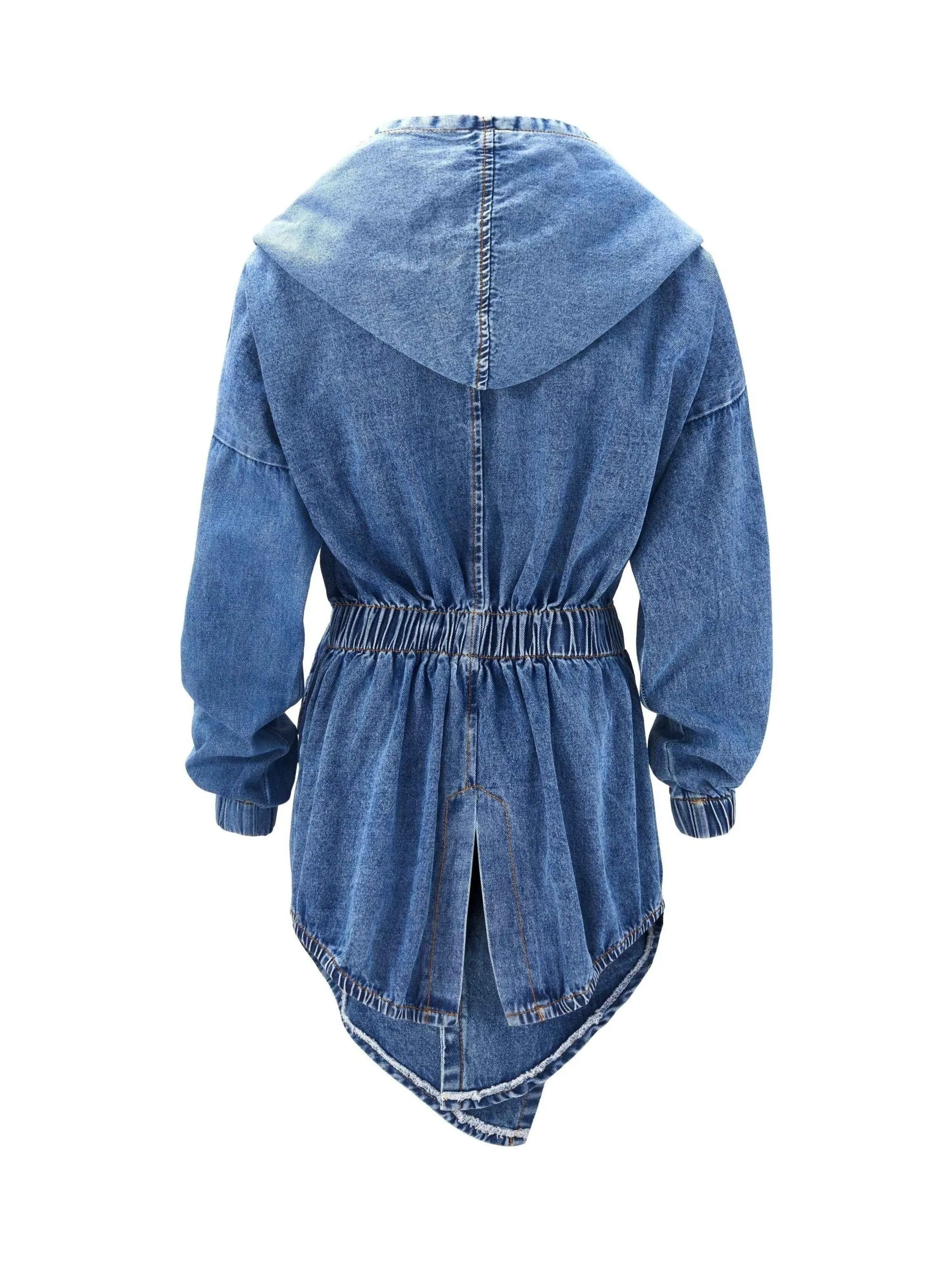 Casual Elastic Belt Cuffed Sleeve Denim Hooded Jackets