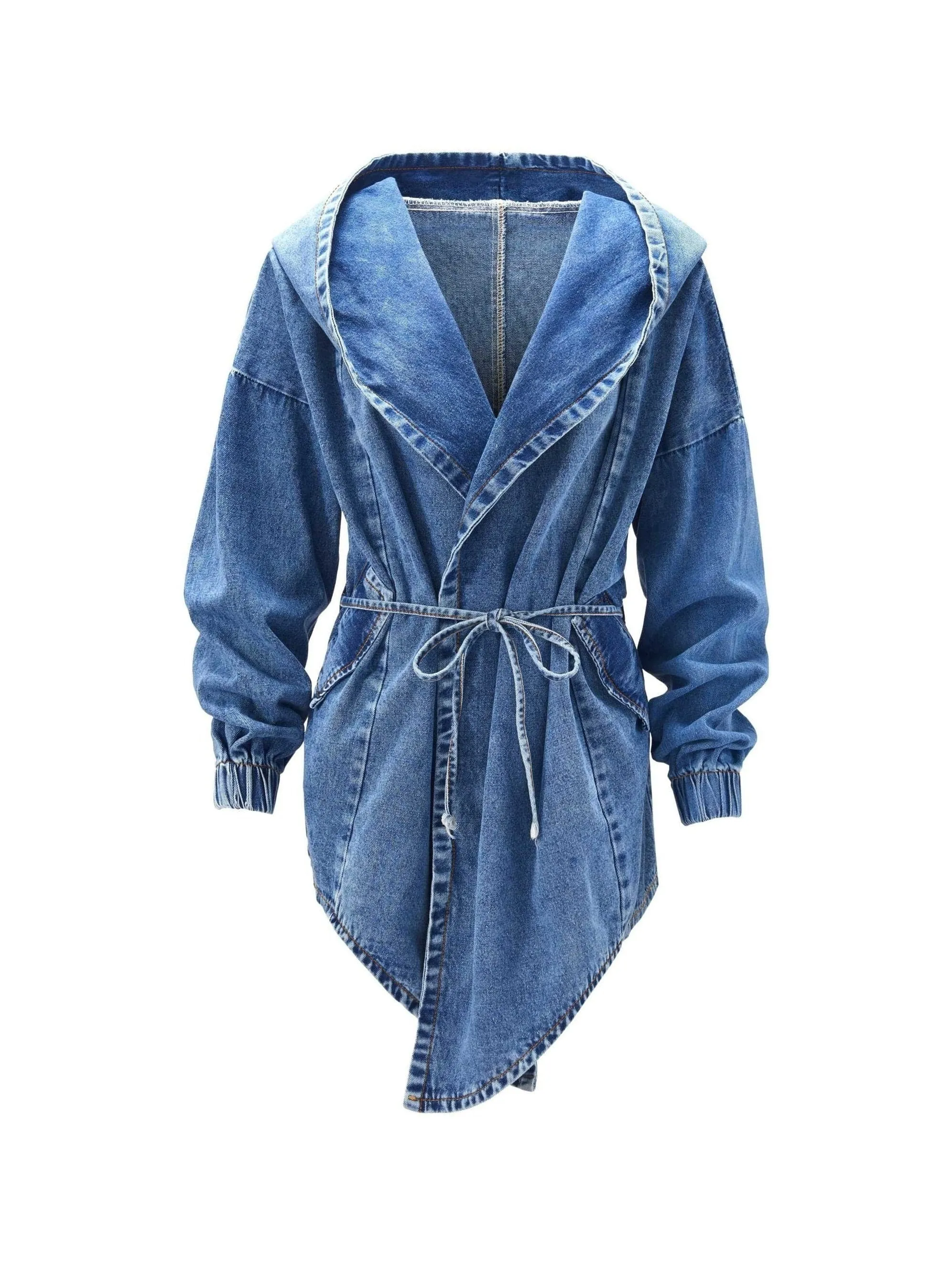 Casual Elastic Belt Cuffed Sleeve Denim Hooded Jackets