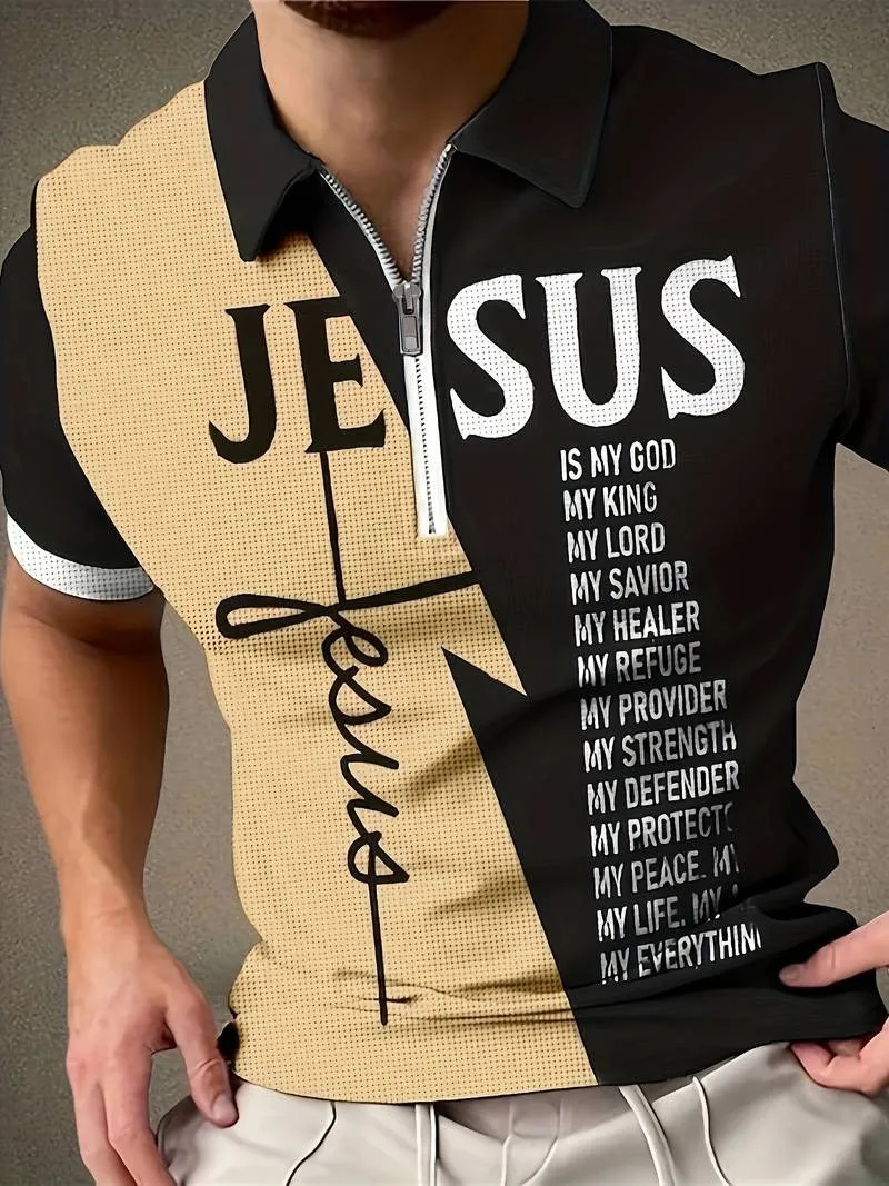 Casual "JESUS" Pattern Print Short Sleeve Zipper Shirts Lapel Collar Tops Pullovers |  POLO46-50