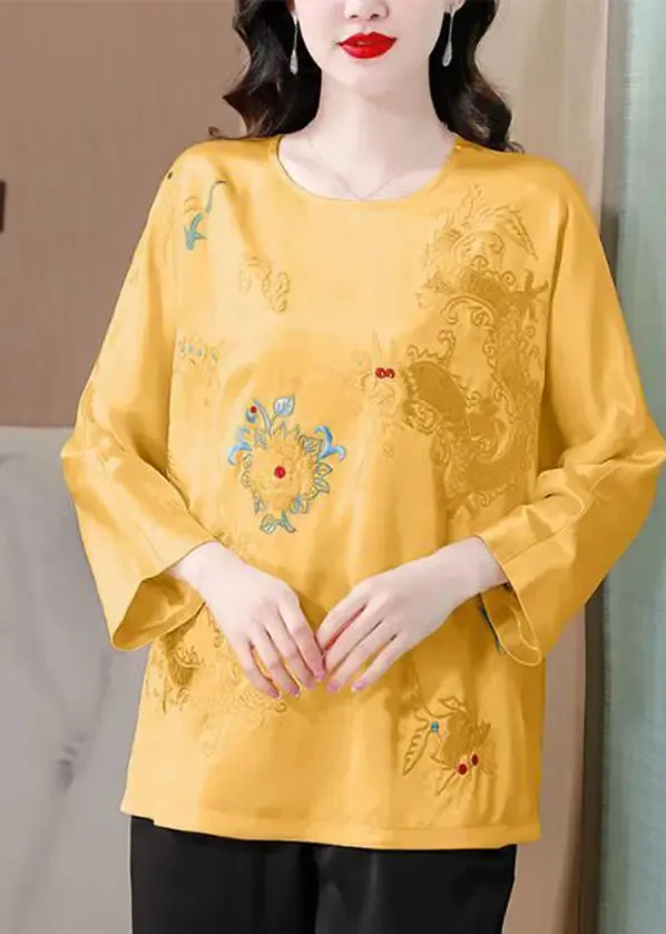 Casual Yellow Embroidered Silk Blouse Tops Spring HA1048