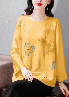 Casual Yellow Embroidered Silk Blouse Tops Spring HA1048