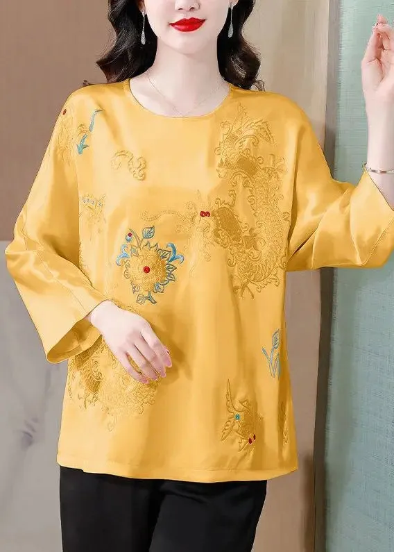 Casual Yellow Embroidered Silk Blouse Tops Spring HA1048