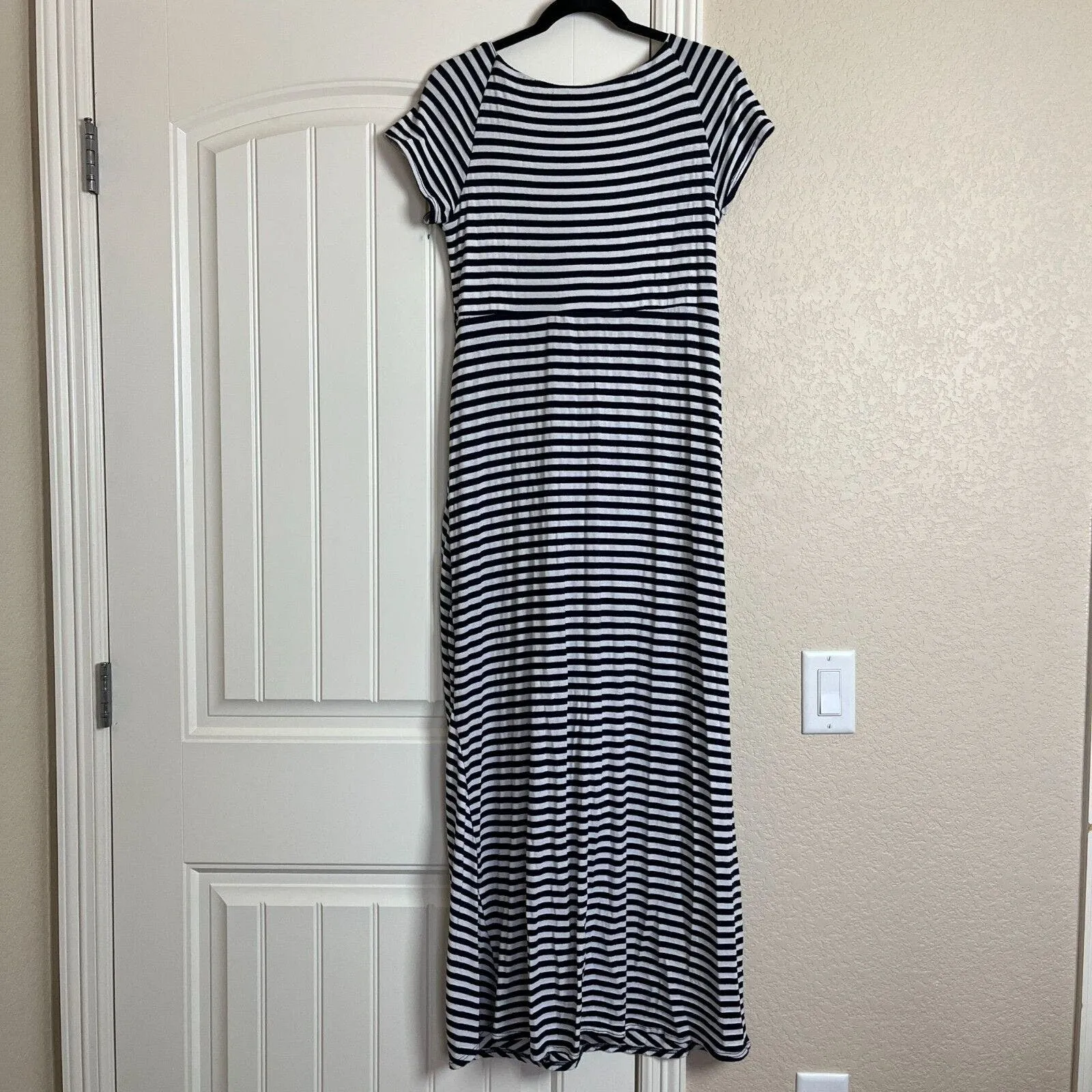 Cha Cha Vente Womens Sz L Maxi Dress White Blue Striped Knotted Front