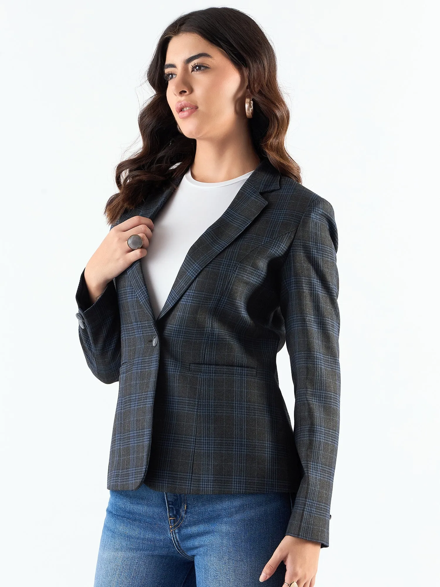 Classic Notched Collar Checkered Blazer In Woolen Plaid