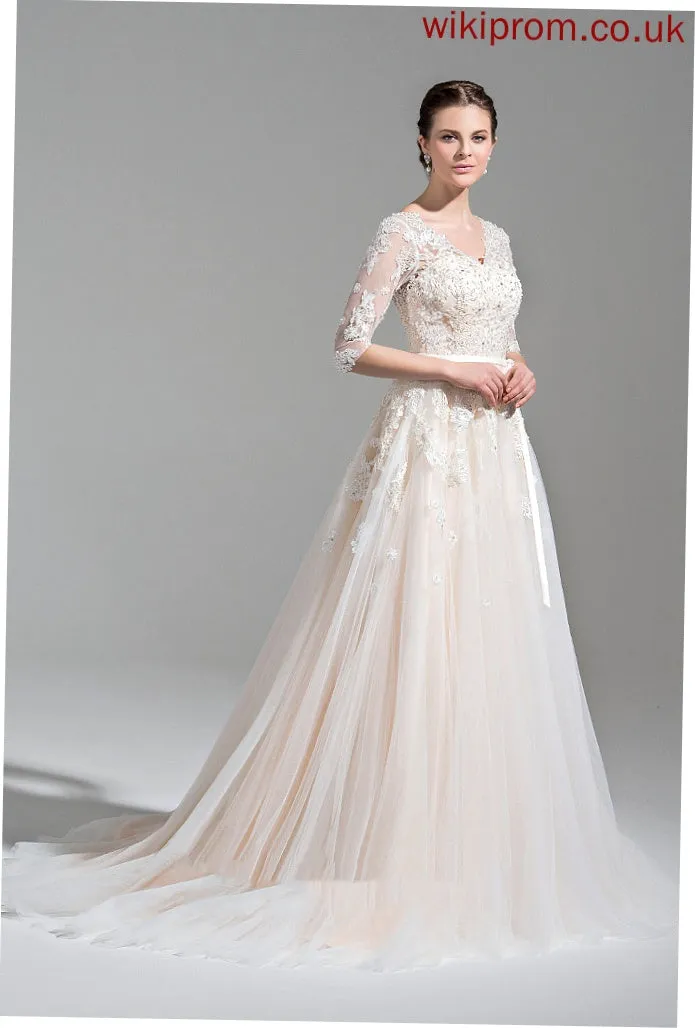 Court Sequins Ball-Gown/Princess Appliques Madeleine Train Bow(s) V-neck Wedding With Dress Wedding Dresses Beading Lace Tulle Satin