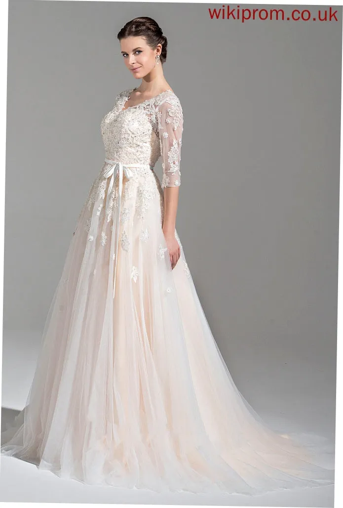 Court Sequins Ball-Gown/Princess Appliques Madeleine Train Bow(s) V-neck Wedding With Dress Wedding Dresses Beading Lace Tulle Satin