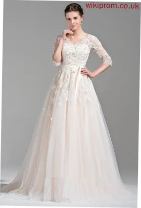 Court Sequins Ball-Gown/Princess Appliques Madeleine Train Bow(s) V-neck Wedding With Dress Wedding Dresses Beading Lace Tulle Satin