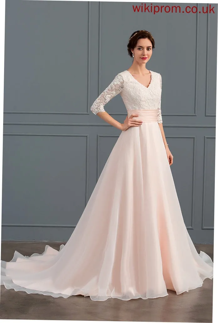 Court Train Wedding Ball-Gown/Princess Organza Ruffle Dress Susanna Lace V-neck Wedding Dresses With