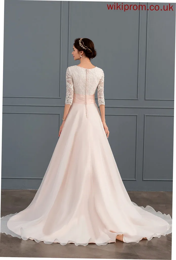 Court Train Wedding Ball-Gown/Princess Organza Ruffle Dress Susanna Lace V-neck Wedding Dresses With