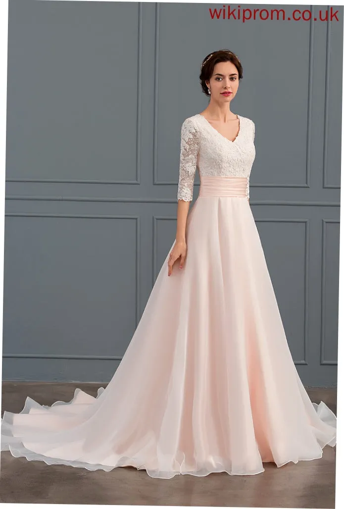 Court Train Wedding Ball-Gown/Princess Organza Ruffle Dress Susanna Lace V-neck Wedding Dresses With