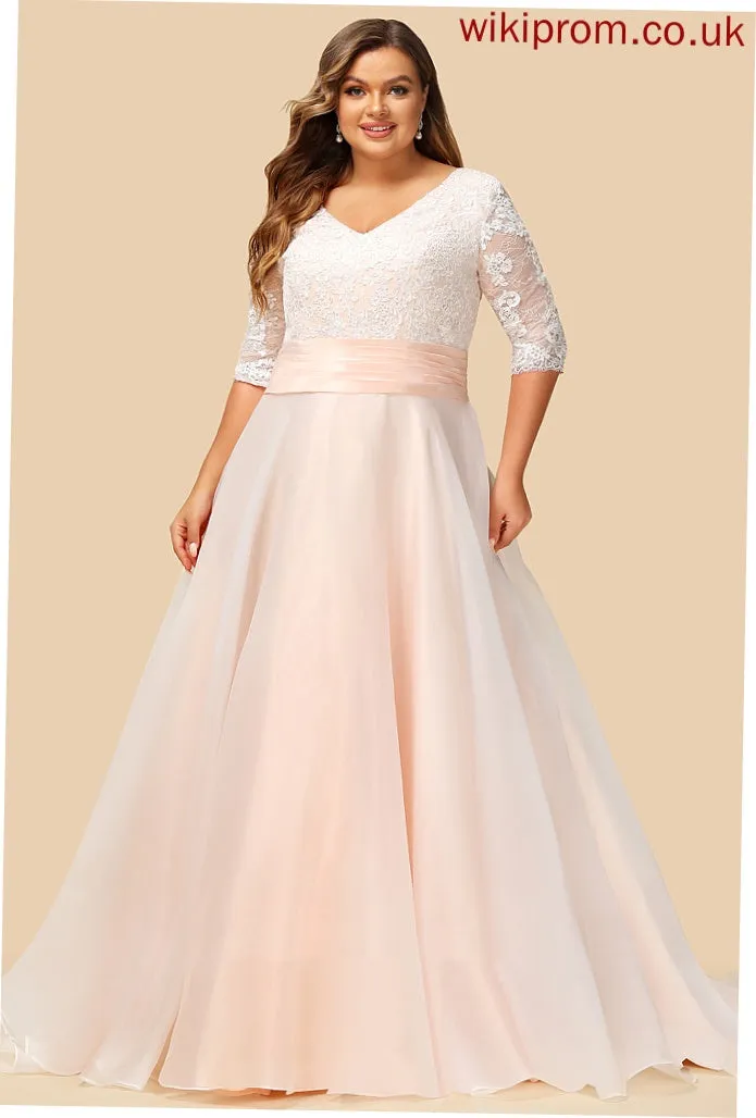 Court Train Wedding Ball-Gown/Princess Organza Ruffle Dress Susanna Lace V-neck Wedding Dresses With