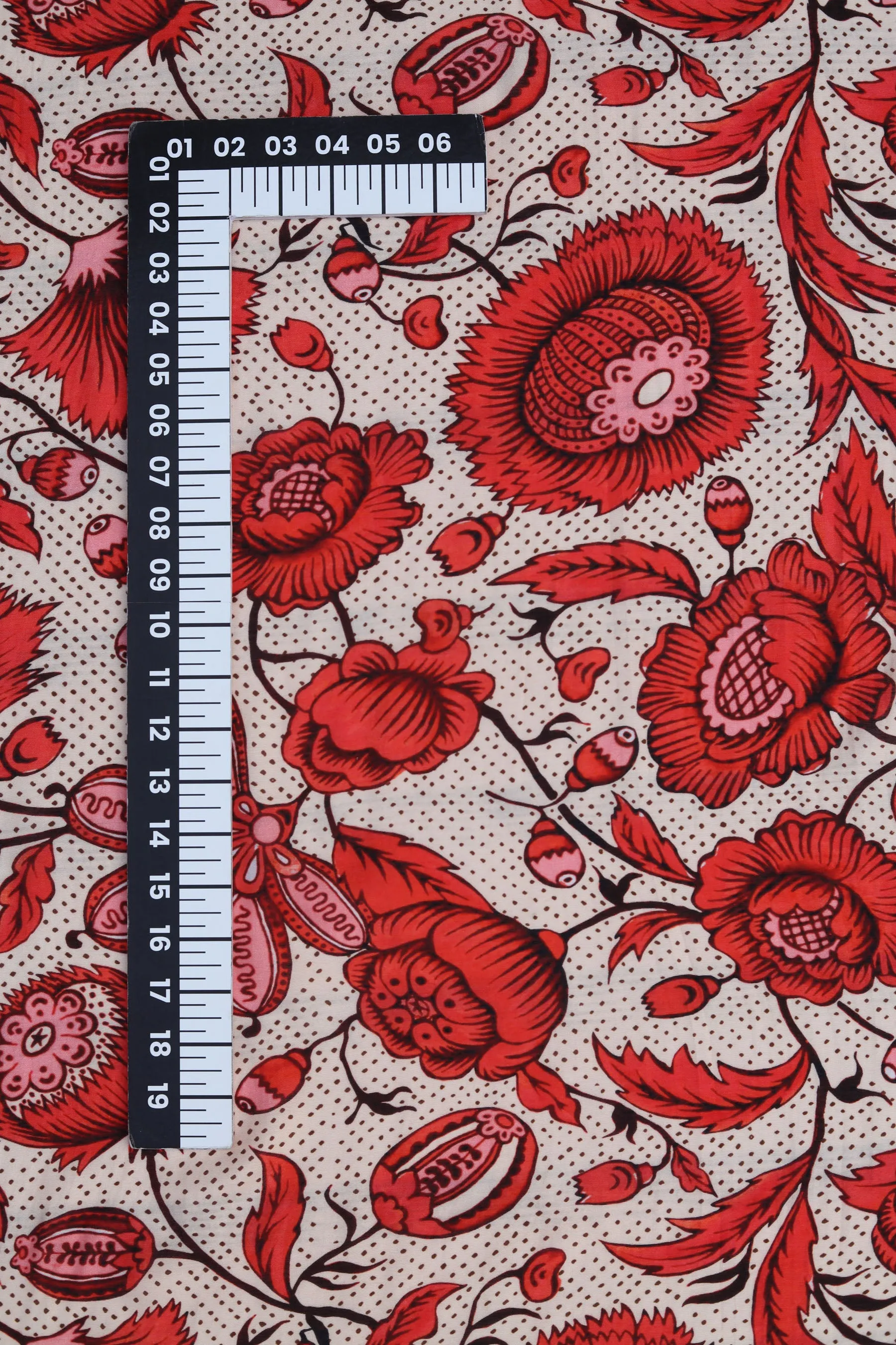 Cream-Red Floral Printed Natural Muslin Silk Fabric