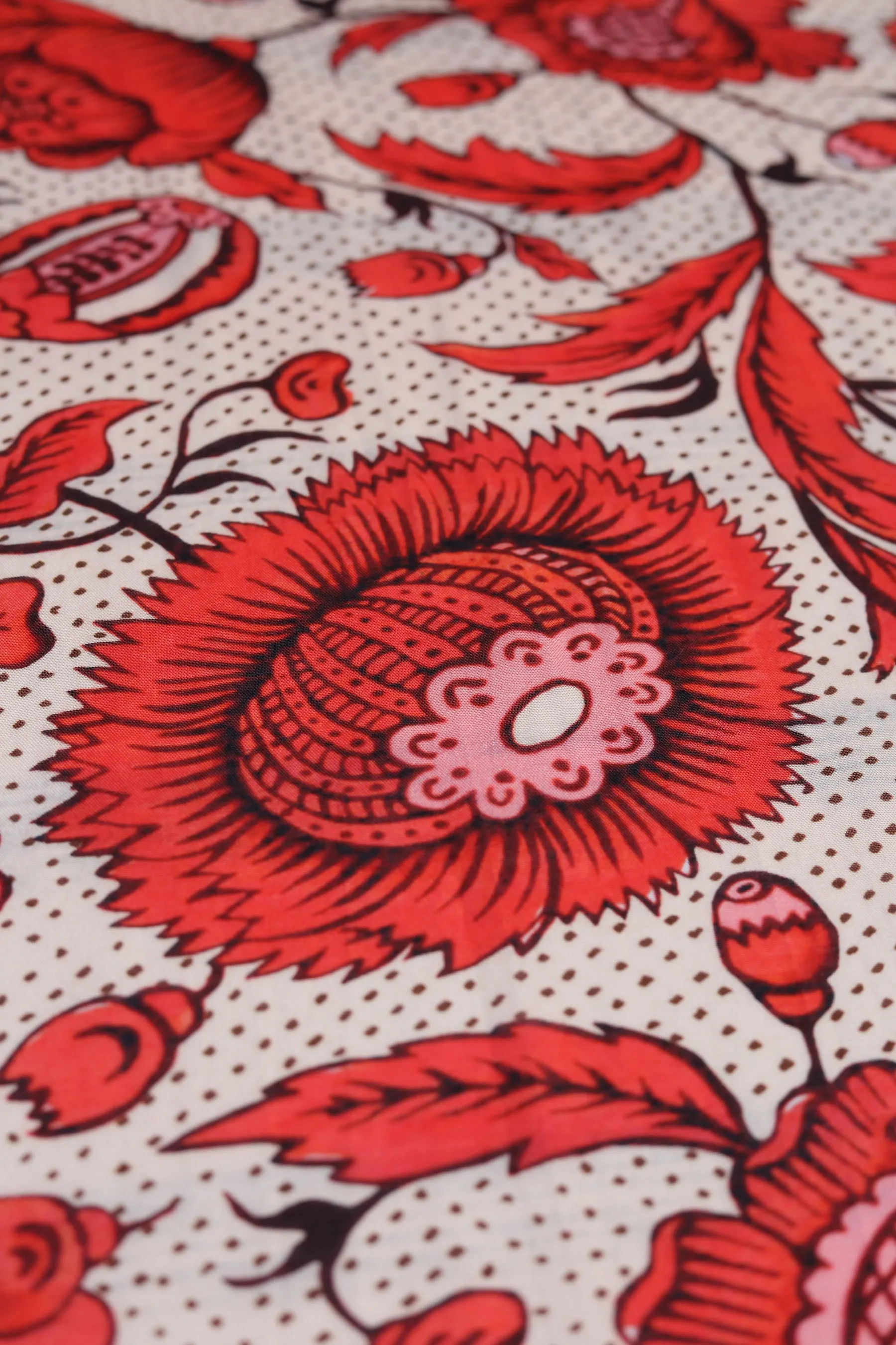 Cream-Red Floral Printed Natural Muslin Silk Fabric