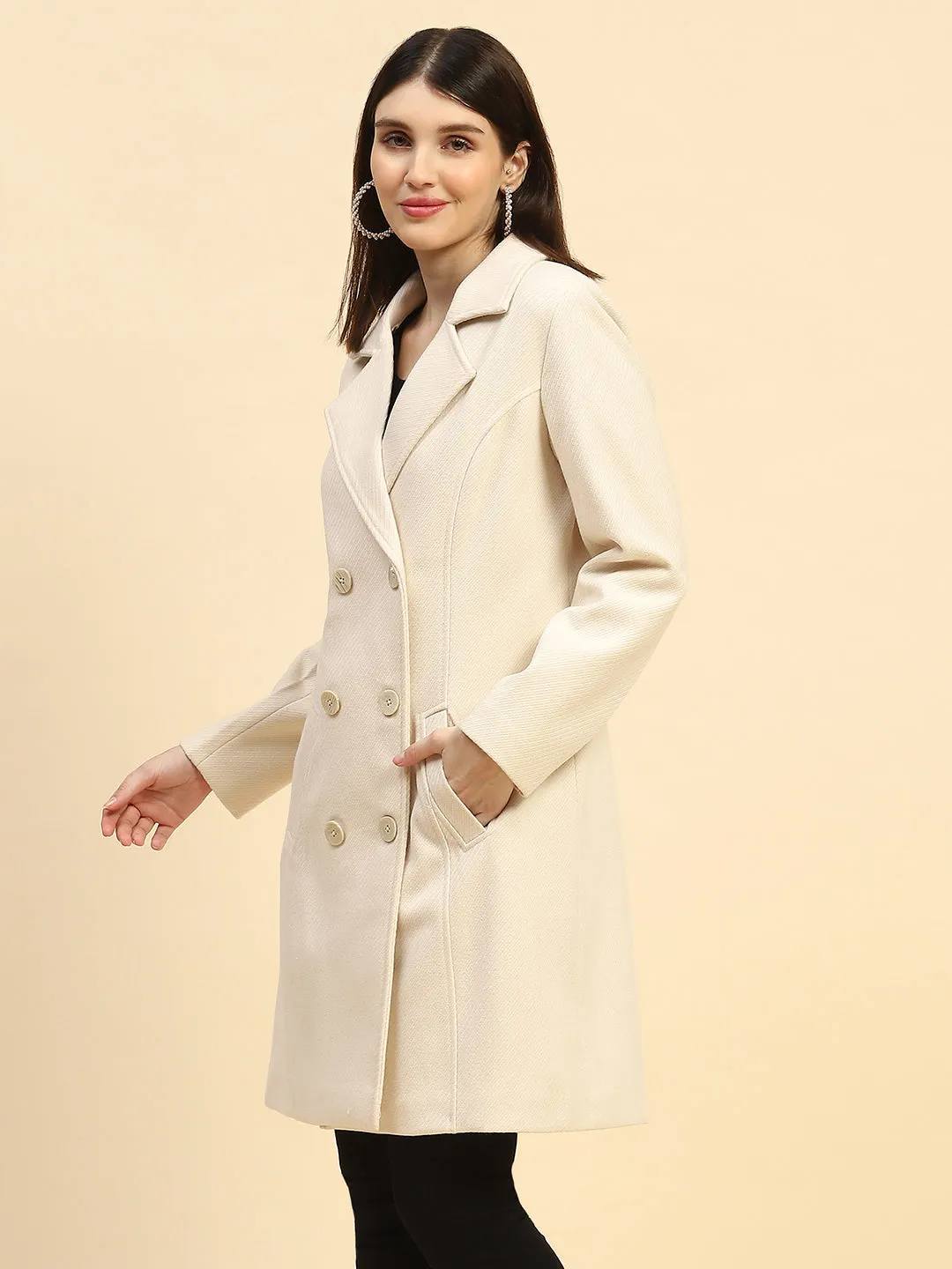 Cream Solid Poly Blend Relaxed Fit Long Coat