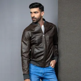 Dark Brown Bomber Leather Jacket - Kaptan