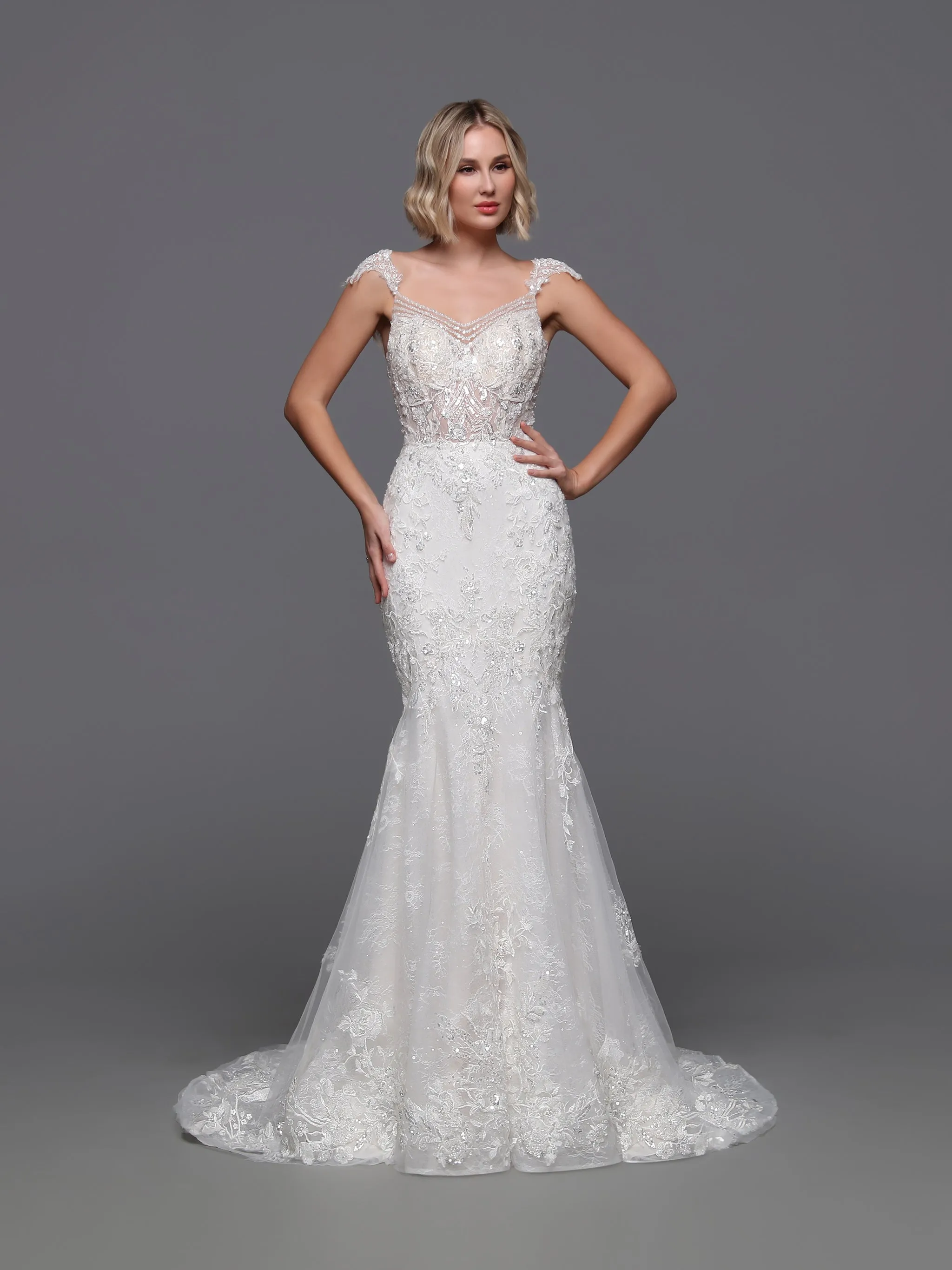 Davinci Bridal 50875 Sequin Lace Wedding Dress Overskirt Bridal Gown Backless Cap Sleeve