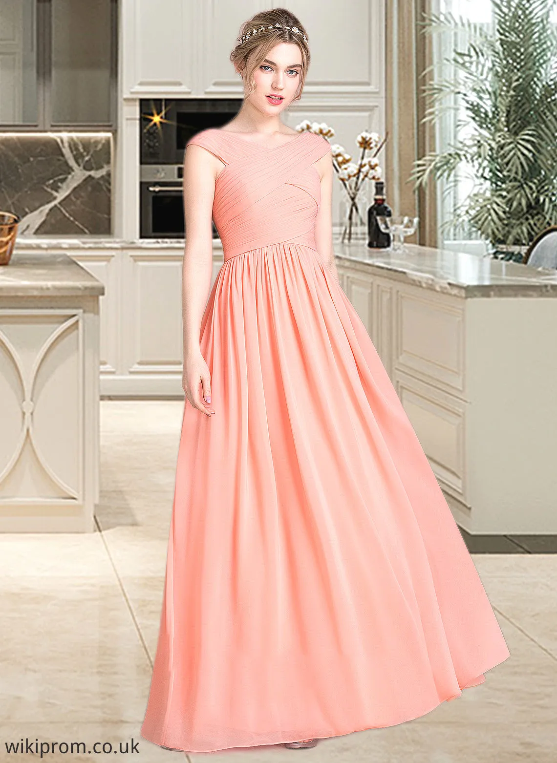 Destinee Ball-Gown/Princess V-neck Floor-Length Chiffon Bridesmaid Dress With Ruffle SWKP0013204