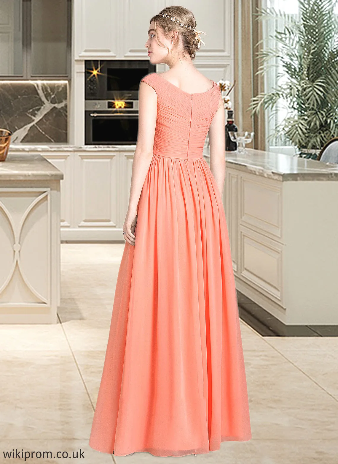 Destinee Ball-Gown/Princess V-neck Floor-Length Chiffon Bridesmaid Dress With Ruffle SWKP0013204