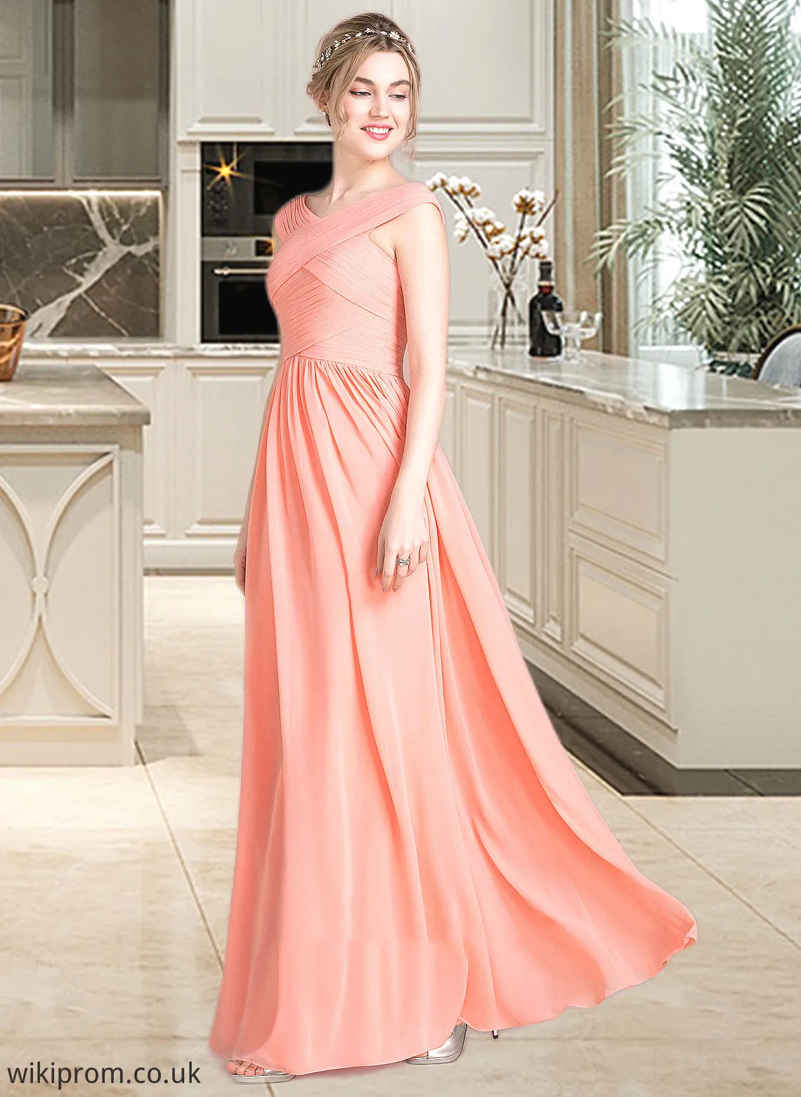 Destinee Ball-Gown/Princess V-neck Floor-Length Chiffon Bridesmaid Dress With Ruffle SWKP0013204